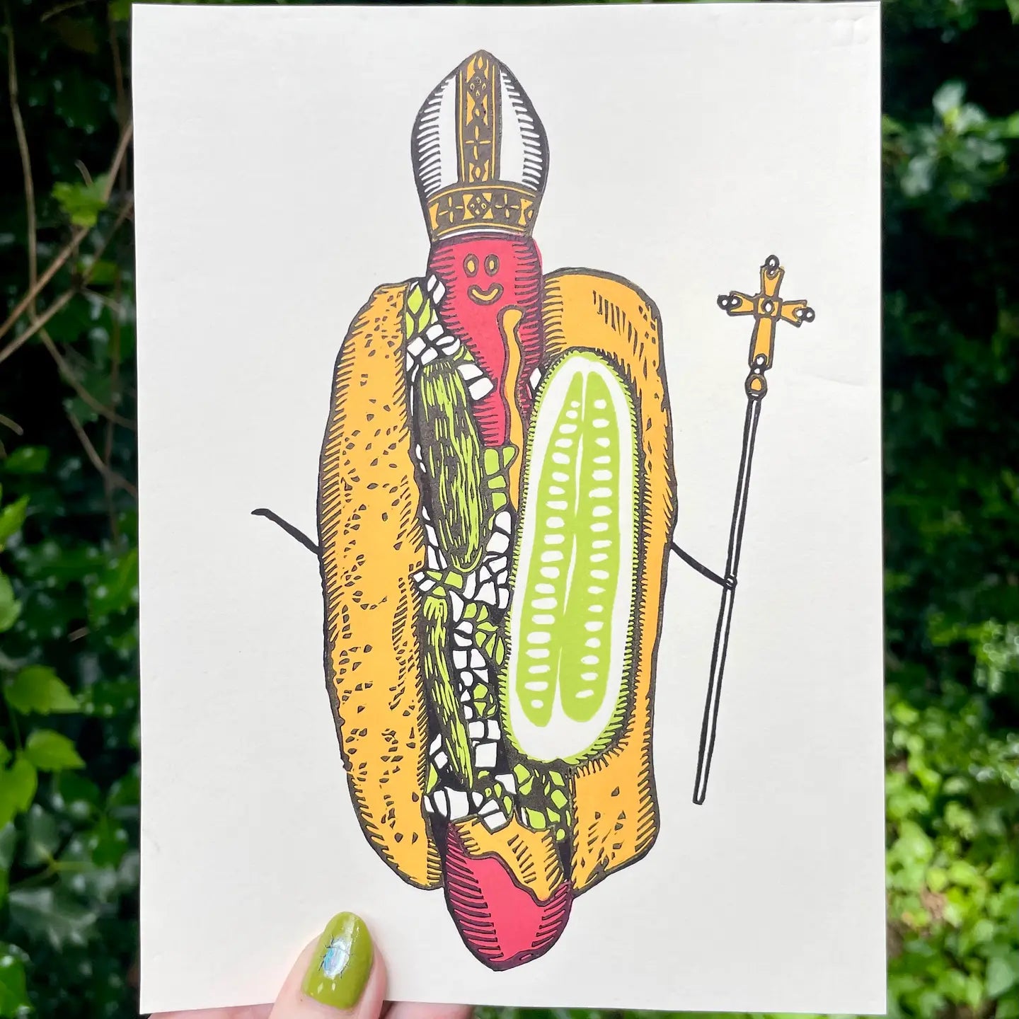 Chicago Dog Pope Malort 6" x 8" Linocut Art Print