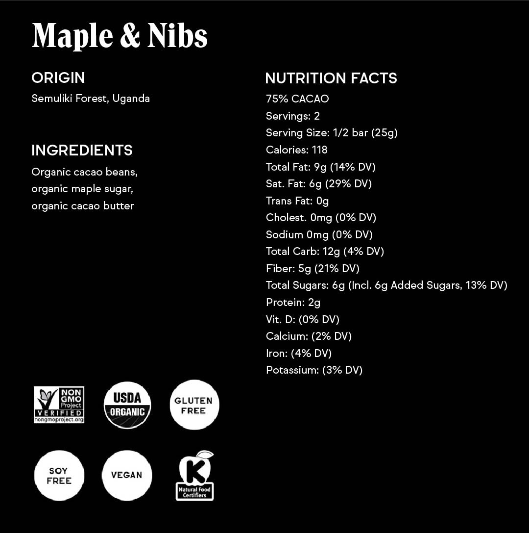 Maple and Nibs Unroasted 75% Dark Chocolate Bar