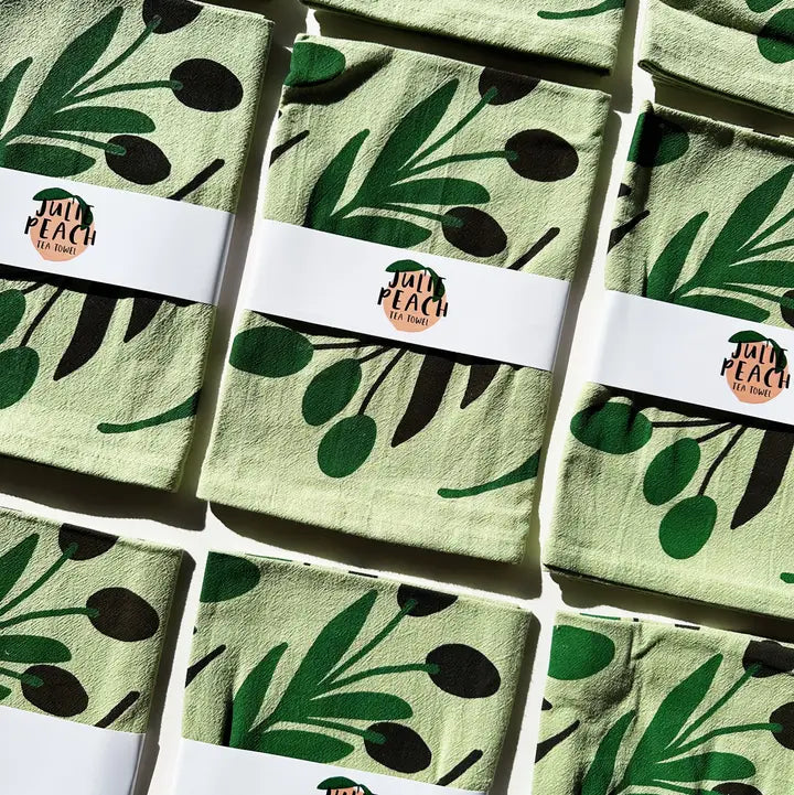 Olive Toss Block Printed Flour Sack Tea Towel
