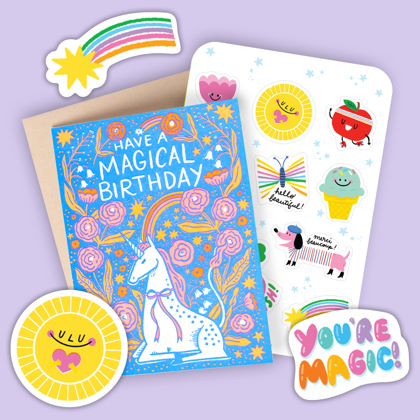 Unicorn Birthday Card & Sticker Set