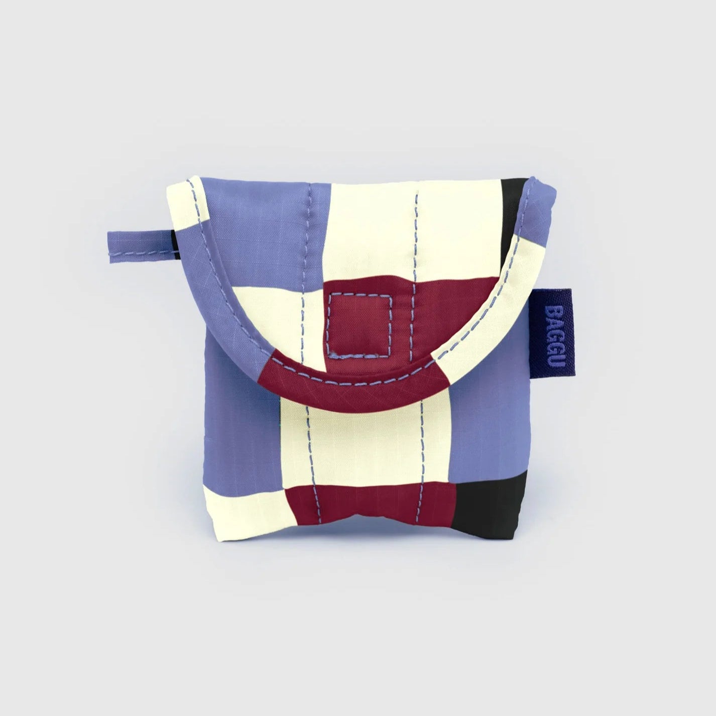 Colorful earbud pouch with a check pattern on a light gray background