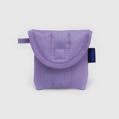 Purple earbud pouch with on a light gray background