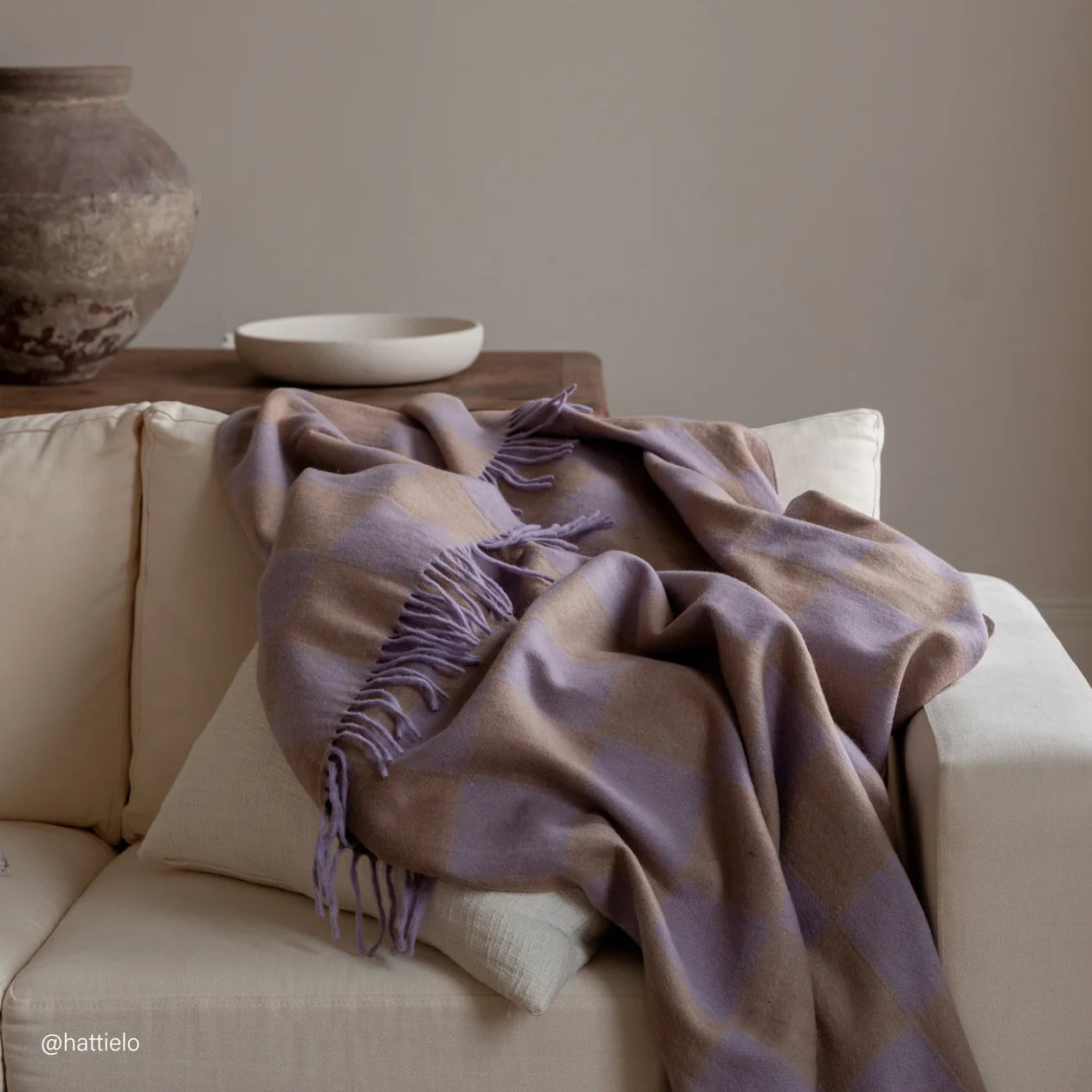 Recycled Wool Lilac & Tan Gingham Plaid Throw Blanket