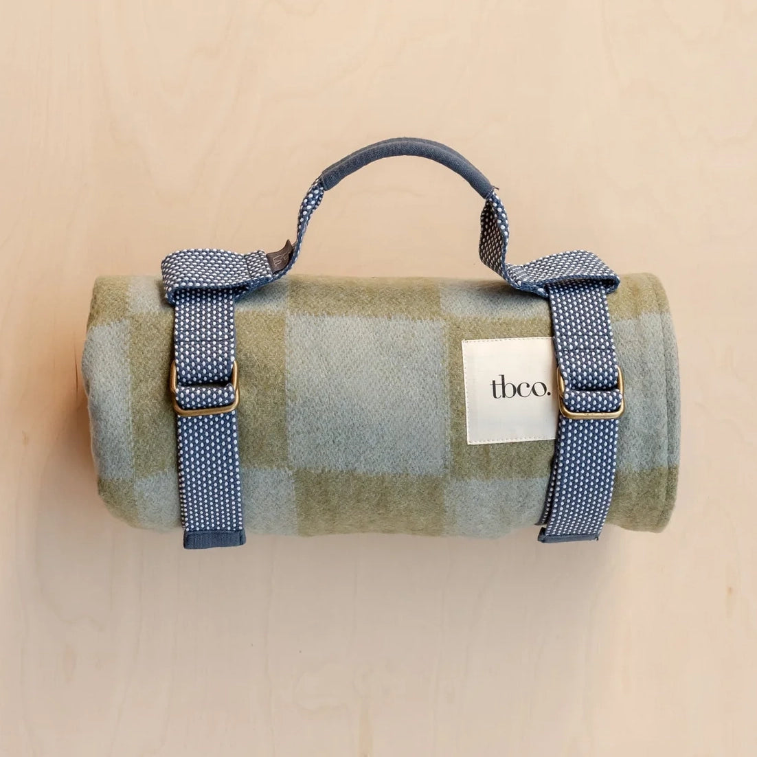 Recycled Wool Olive Green & Smoky Blue Checker Picnic Throw Blanket with Handle