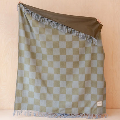 Recycled Wool Olive Green & Smoky Blue Checker Picnic Throw Blanket with Handle