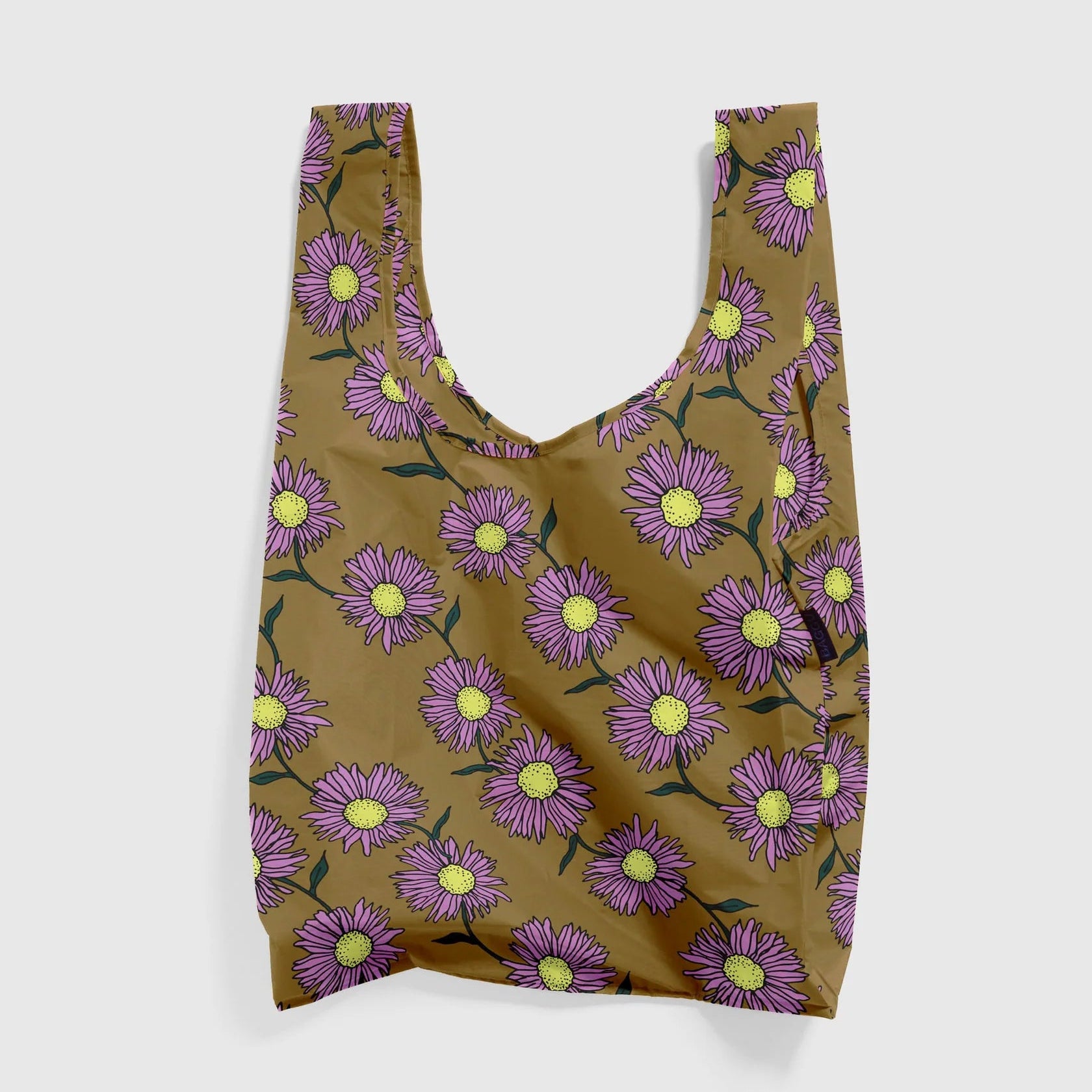 Reusable bag with purple flower pattern on a brown background