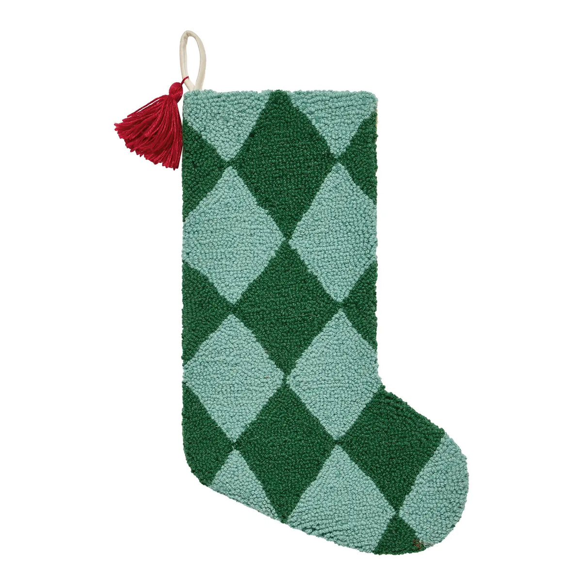 Argyle Green Hooked Wool Holiday Stocking with Pom Pom Tassel