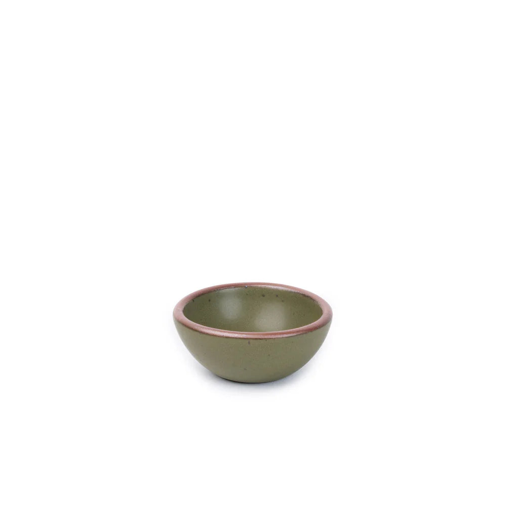 A small ceramic bowl with a matte olive green body and a contrasting brown rim, set against a plain white background.