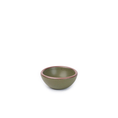 A small ceramic bowl with a matte olive green body and a contrasting brown rim, set against a plain white background.