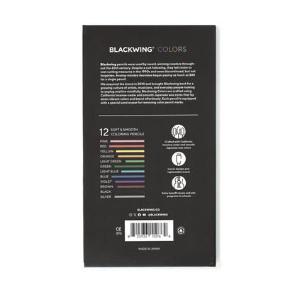 Back of a Blackwing Colors pencil set packaging with color swatches and branding information.