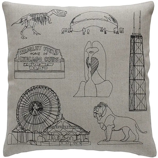 Chicago Places Black & Beige Embroidered Throw Pillow