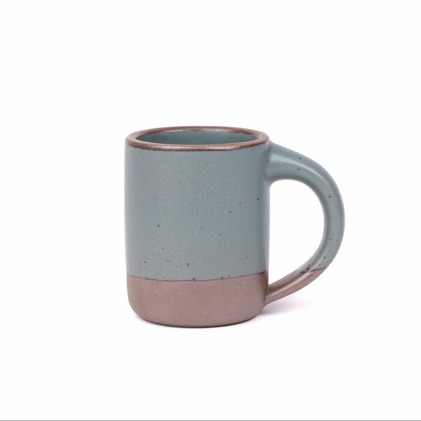Blue ceramic mug with a brown base on a white background
