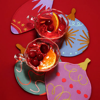 Deck The Halls Ornaments Embroidered Linen Cocktail Napkins (Set of 4)