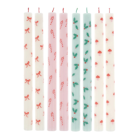 Festive Patterned 10" Holiday Table Candles (Pack of 8)