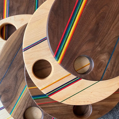Round Walnut Wood Cutting or Serving Board With Colored Stripes