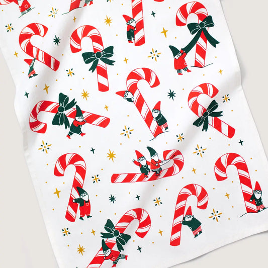 Candy Cane With Gnomes Holiday Screen Printed Tea Towel