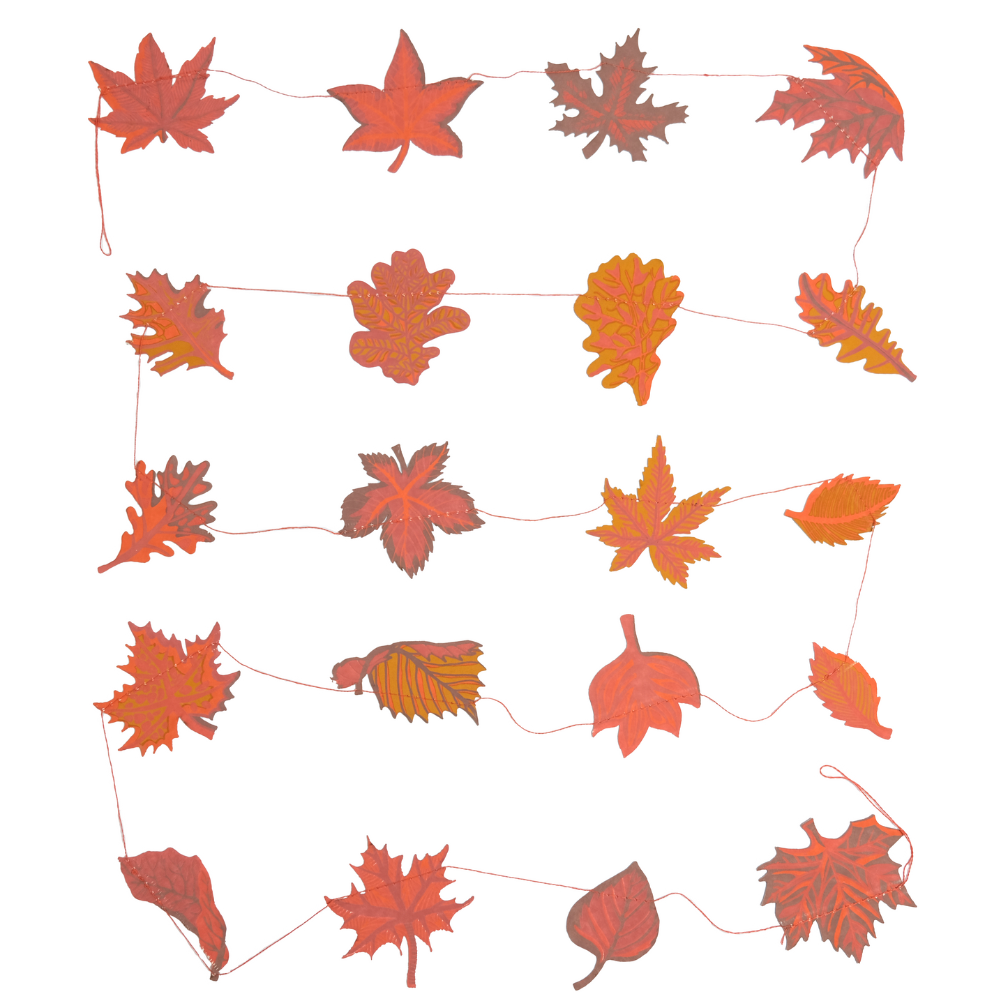 An autumn leaf garland featuring various red, orange, and brown maple and oak leaves connected by a thin pink string, shown against a plain white background.