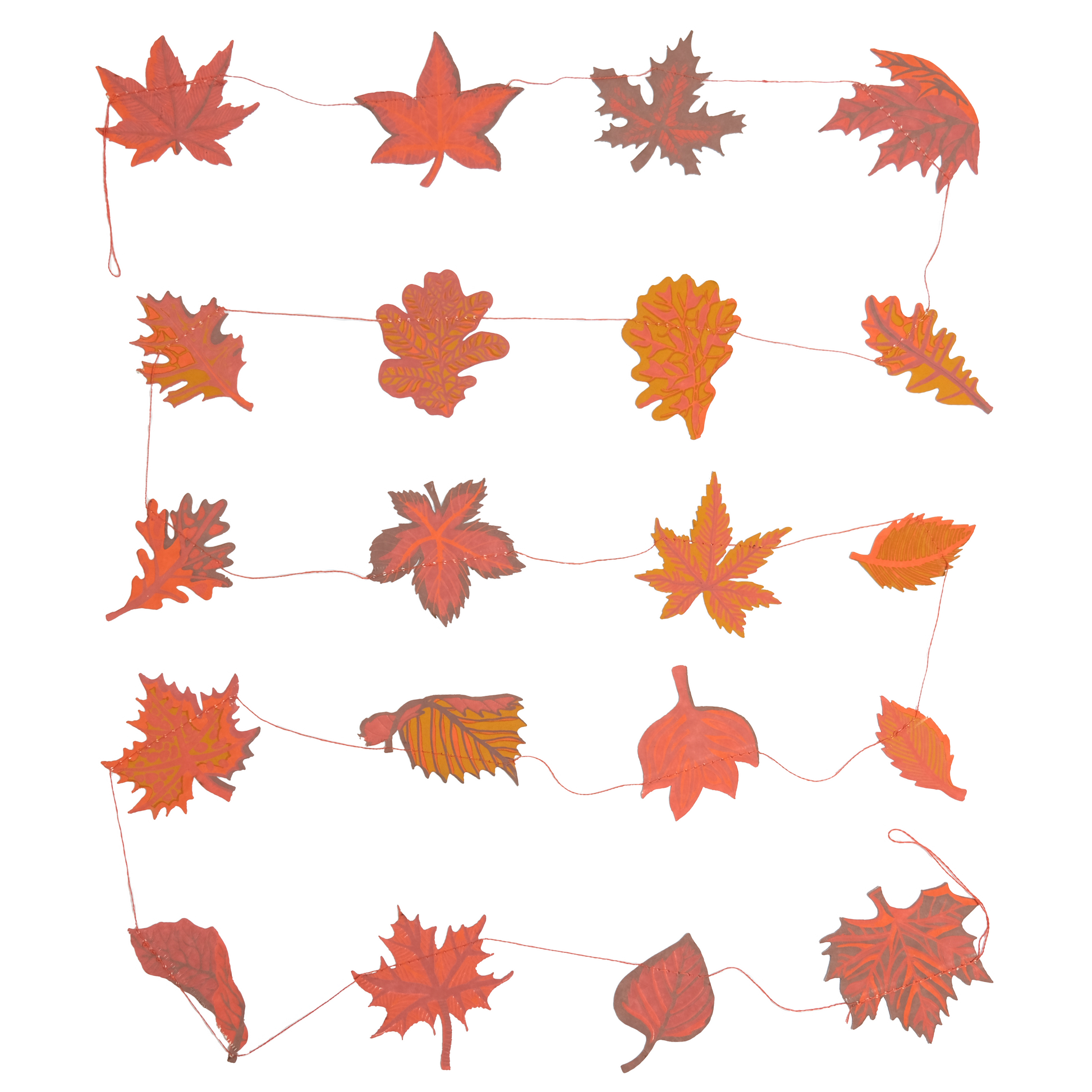 An autumn leaf garland featuring various red, orange, and brown maple and oak leaves connected by a thin pink string, shown against a plain white background.
