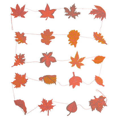 An autumn leaf garland featuring various red, orange, and brown maple and oak leaves connected by a thin pink string, shown against a plain white background.