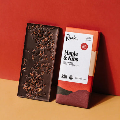 Maple and Nibs Unroasted 75% Dark Chocolate Bar