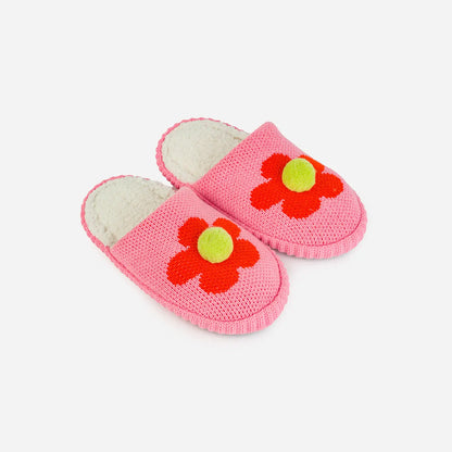 Flower Pom Slide Knit Slippers