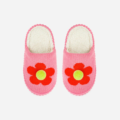 Flower Pom Slide Knit Slippers