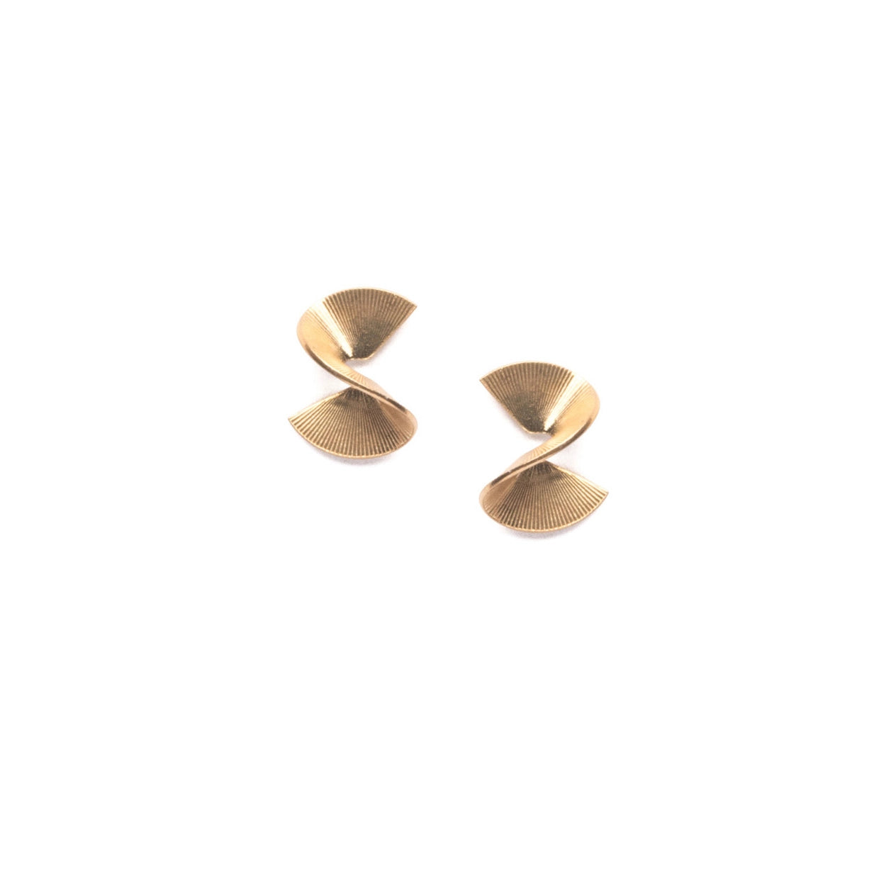 Gold ribbon curled earrings on a white background
