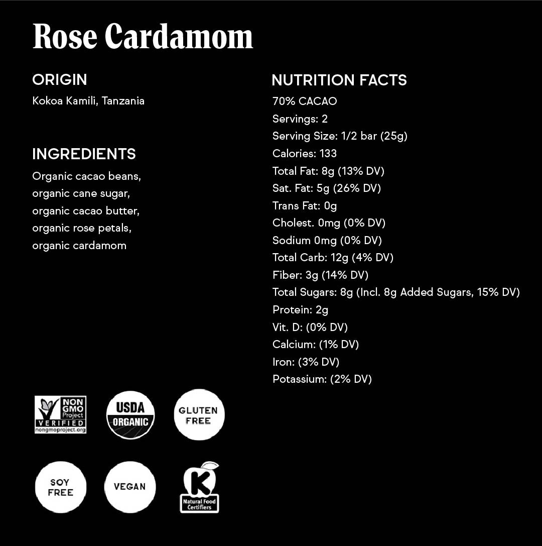 Rose Cardamom Unroasted 68% Dark Chocolate Bar