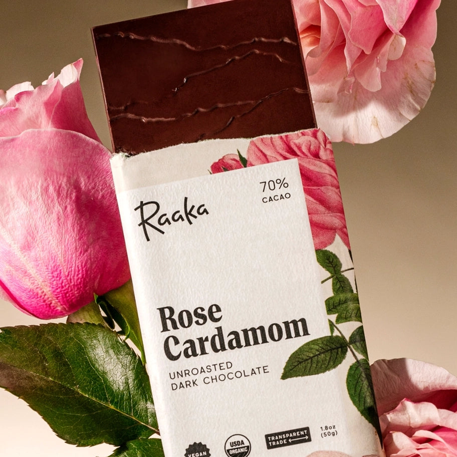Rose Cardamom Unroasted 68% Dark Chocolate Bar
