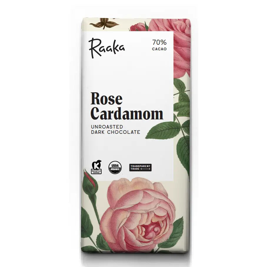 Rose Cardamom Unroasted 68% Dark Chocolate Bar