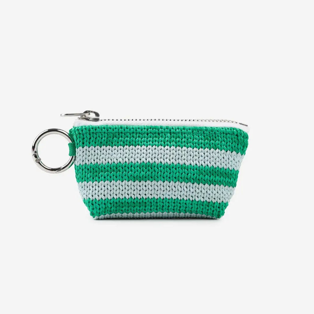 Green and blue striped pouch with a metal clasp on a white background