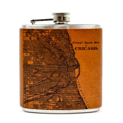 Chicago Street Map Leather Wrapped Flask