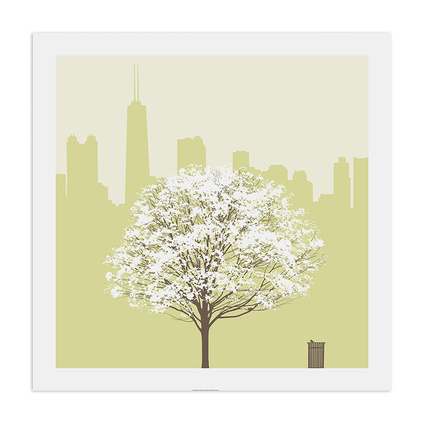 Chicago Skyline with Seasonal Tree 12.5" x 12.5" Archival Print