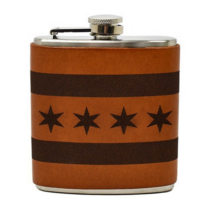 Chicago Flag Leather Wrapped Flask