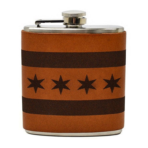Chicago Flag Leather Wrapped Flask