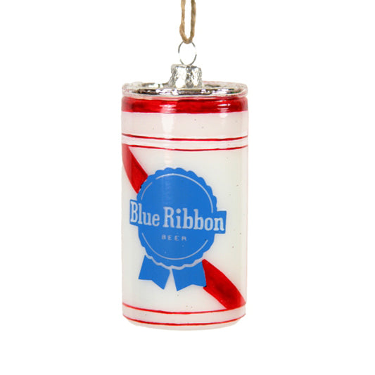 Blue Ribbon Beer Can Glass Holiday Ornament